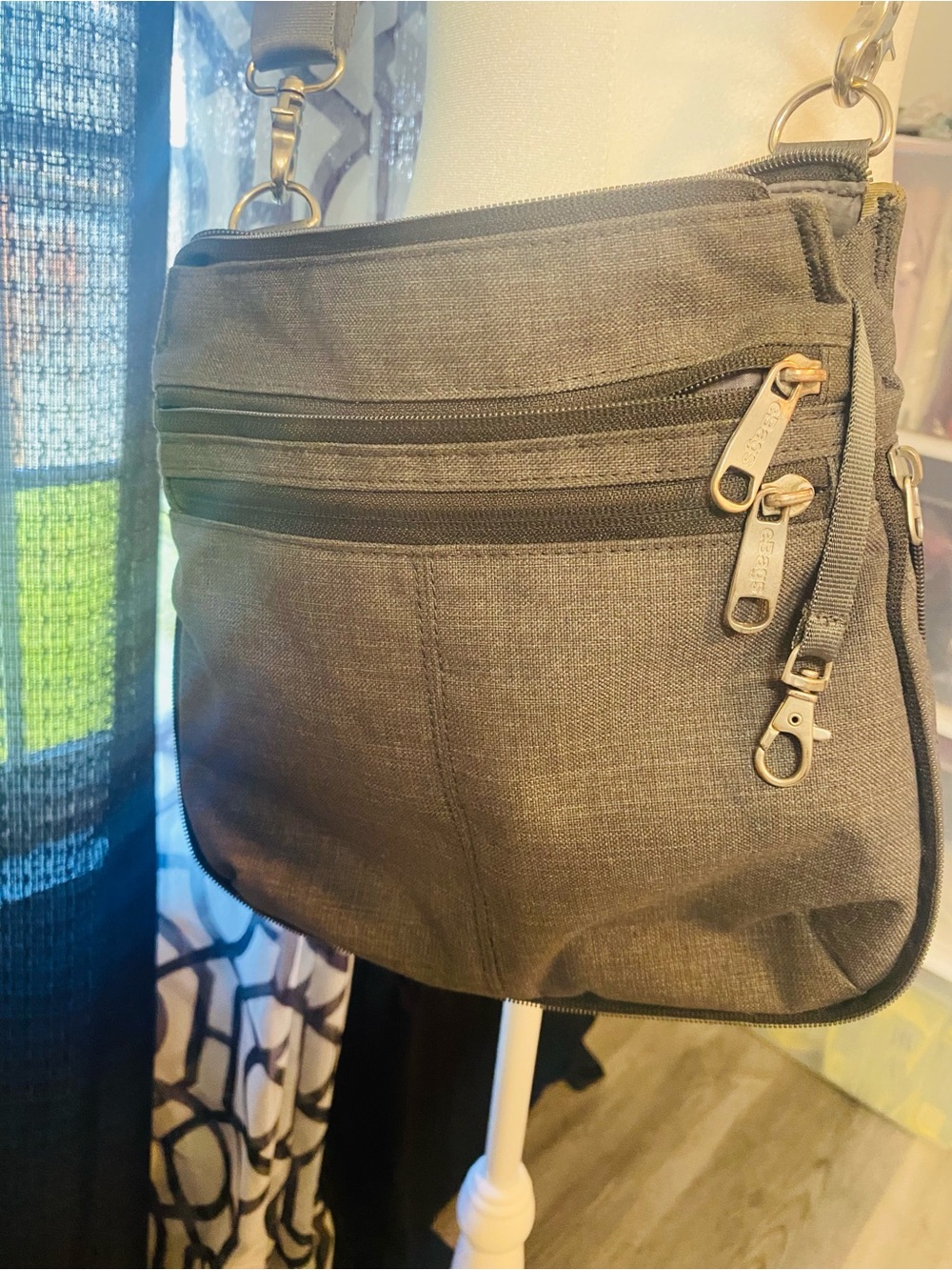 Gray Crossbody Shoulder Bag with Multiple Zip Pockets